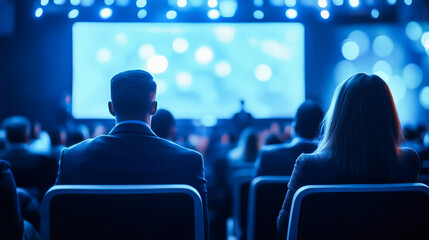 Business conference with audience and presentation on stage