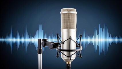 High-quality, professional studio microphone with sound waves in background