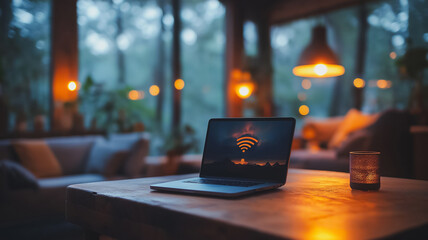 Wall Mural - a laptop is open on a table with a candle in front of it. the laptop screen shows a wifi symbol. the