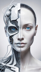Wall Mural - close-up of a stylized humanoid face, half human, half robot. artificial intelligence concept.