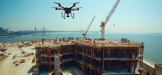 Wall Mural - a drone flies over a large construction site of a new building near the water.