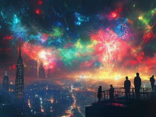 Fireworks lighting up the night sky over a city skyline, people watching from a rooftop, a sense of wonder and celebration