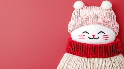 Canvas Print - Cute Knitted Cat Toy with Red Scarf on Pink Background