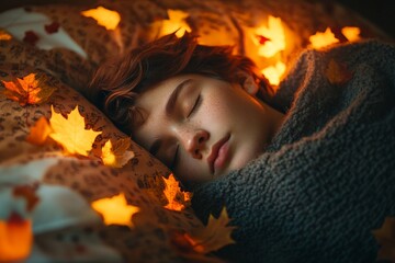 The image captures a serene moment of a person sleeping peacefully, wrapped in a cozy blanket with warm, glowing autumn leaves scattered around them in a tranquil setting.