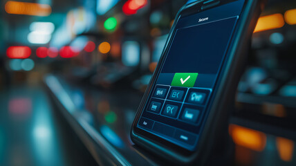 A cell phone with a green check mark on it. The phone is on a table in a dimly lit room