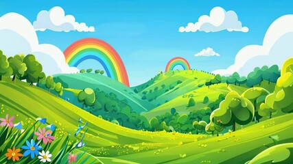 Wall Mural - cartoon green hills with a rainbow sky