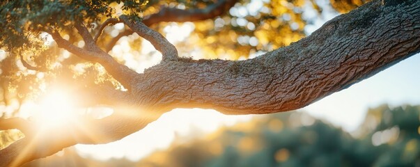 Poster - Beautiful sunlit tree branch with vibrant leaves in a natural setting.