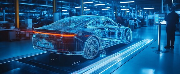 Poster - A futuristic car model on a conveyor belt in a modern automotive factory.