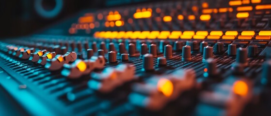 Studio Aesthetics, Soundboard Close-up,Mixing Console Detail: Faders and Knobs. Concept of music production, sound engineering, DJing, live performance, creative technology.