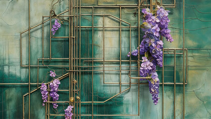 Poster - Golden Grid with Purple Flowers