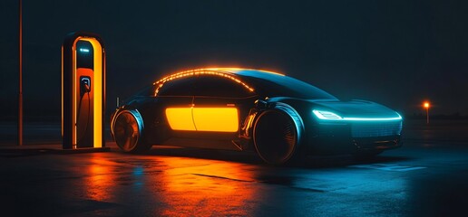 A futuristic electric car charges at a charging station at night. The car has glowing orange and blue lights.