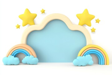 cartoon on a white background, empty in the middle. Bright yellow stars around the edges. Bright blue clouds around the edges. 