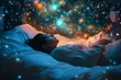 © ChaoticMind - A woman lies on her bed, dreaming peacefully amid a cosmos filled with stars and galaxies, illustrating a connection between dreams and the universe in tranquil harmony.