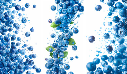 Wall Mural - Fresh blueberries with green leaves are splashing with water on a white background