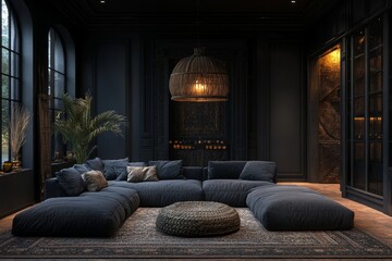 Wall Mural - Dark home interior, ethnic style  living room,  3d render, Generative AI