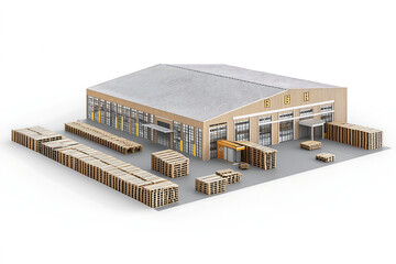 large warehouse filled with neatly stacked wooden pallets, showcasing organized storage area. structure features large windows and multiple loading docks, emphasizing efficiency and functionality