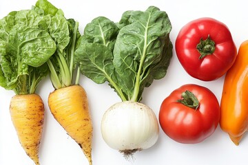 Assorted fresh vegetables including tomatoes lettuce carrots and turnips displayed against a white background representing healthy eating organic farming and farm to table freshness