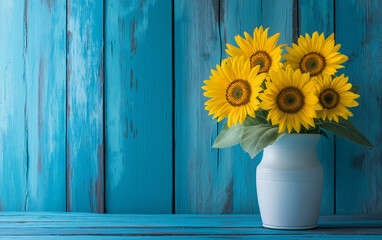 Sunflowers in a white vase on a blue wooden table.