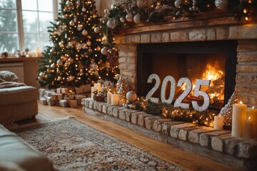 Cozy New Year’s living room with fireplace, decorated with garlands and numbers 