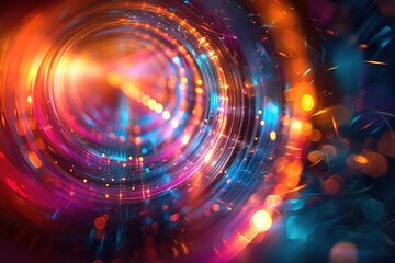 Wall Mural - neon rings and ethereal lines of light dancing in harmony, producing an abstract spectacle of color 