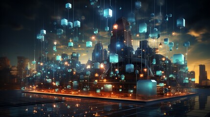 Wall Mural - a futuristic city skyline with glowing blue cubes floating in the sky.