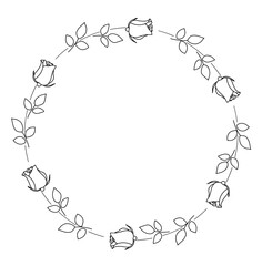Aufkleber - Floral wreath. Frame of garden rose with stem and leaves. Hand drawn sketch. Vector illustration.