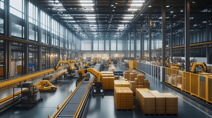Poster - A large warehouse with yellow robotic arms on an assembly line, moving boxes and other goods.