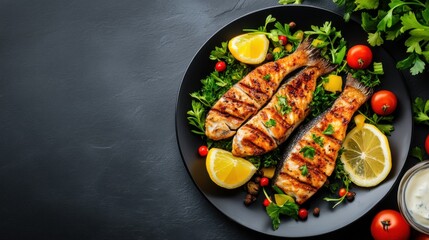 Grilled Fish with Lemon and Fresh Herbs on Plate