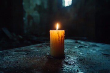 Aufkleber - A lone candle emits a soft, warm light in a dimly lit, rustic room, highlighting the textures around it and evoking feelings of warmth and contemplation.