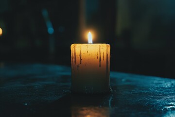 Aufkleber - A solitary candle burns brightly, casting a warm glow on the surrounding dark, reflective surface, creating an atmosphere of serenity and introspection.
