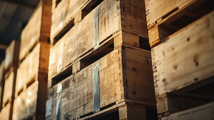 Canvas Print - Stacked Wooden Pallets in Warehouse Environment