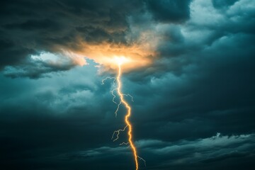 A dynamic scene features a fierce lightning bolt piercing the sky, casting an electrifying glow over the turbulent clouds, embodying nature’s formidable power.