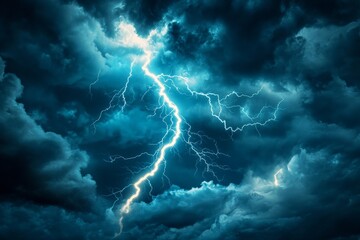 an intense blue lightning bolt lashes through a dark, turbulent sky, creating a captivating visual o