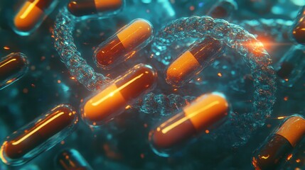 A photorealistic image of DNA strands intertwined with futuristic capsules, with highly detailed structures and realistic lighting to emphasize the genetic and pharmaceutical connection. 