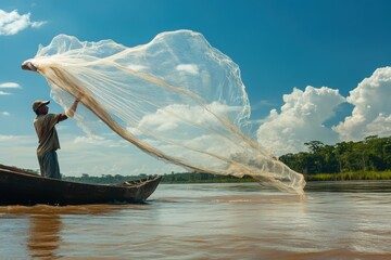 A man is fishing in a boat with a large net. The sky is blue and there are clouds in the background