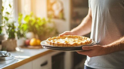 stressed man holding a tray with pie in a bright kitchen, soft light through the window, modern setting