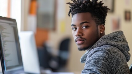 A young developer sits at his desk, typing away at his keyboard