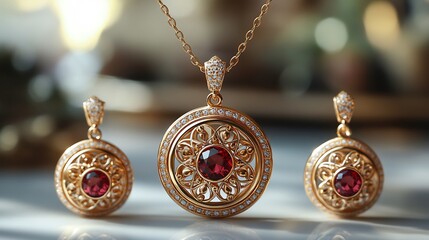 Wall Mural - opulent 3d gold locket intricate gemstone detailing paired with matching earrings and a sleek gold n