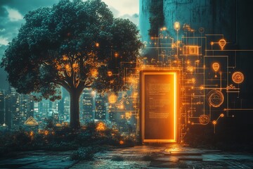 Wall Mural - a glowing portal in a futuristic cityscape, with a tree in the foreground, representing the merging 