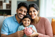© PIX OF WORLD AI - indian couple with a son sitting on a sofa and holding a piggy bank