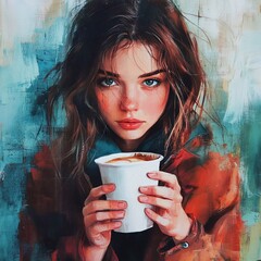 Illustration of a cute girl with a cup of coffee in her hands