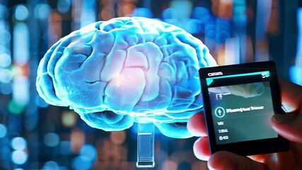 A holographic blue brain being analyzed using a futuristic handheld device with digital data displayed.