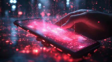 A hand is touching a phone with a red screen