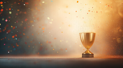 A gold cup sits on a table with a lot of confetti around it