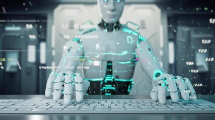 AI Robot Typing On A Keyboard With A Lot Of blue energy  Workshop Graphic Design Robotics Engineering