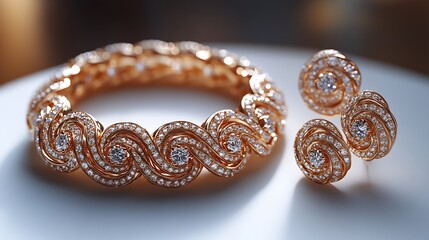 Wall Mural - ornate 3d gold necklace earrings adorned with sparkling diamonds set on a white backdrop for an eleg