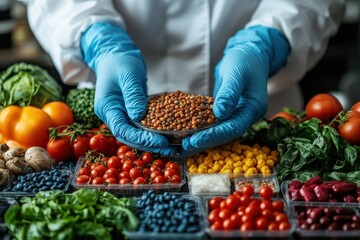 Scientist examining colorful seeds among fresh produce in a research environment