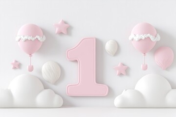 1th birthday background, pink number 1 balloons and birthday decoration