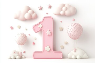 1th birthday background, pink number 1 balloons and birthday decoration