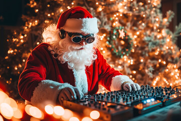 A man dressed as Santa Claus playing a dj in front of a Christmas tree